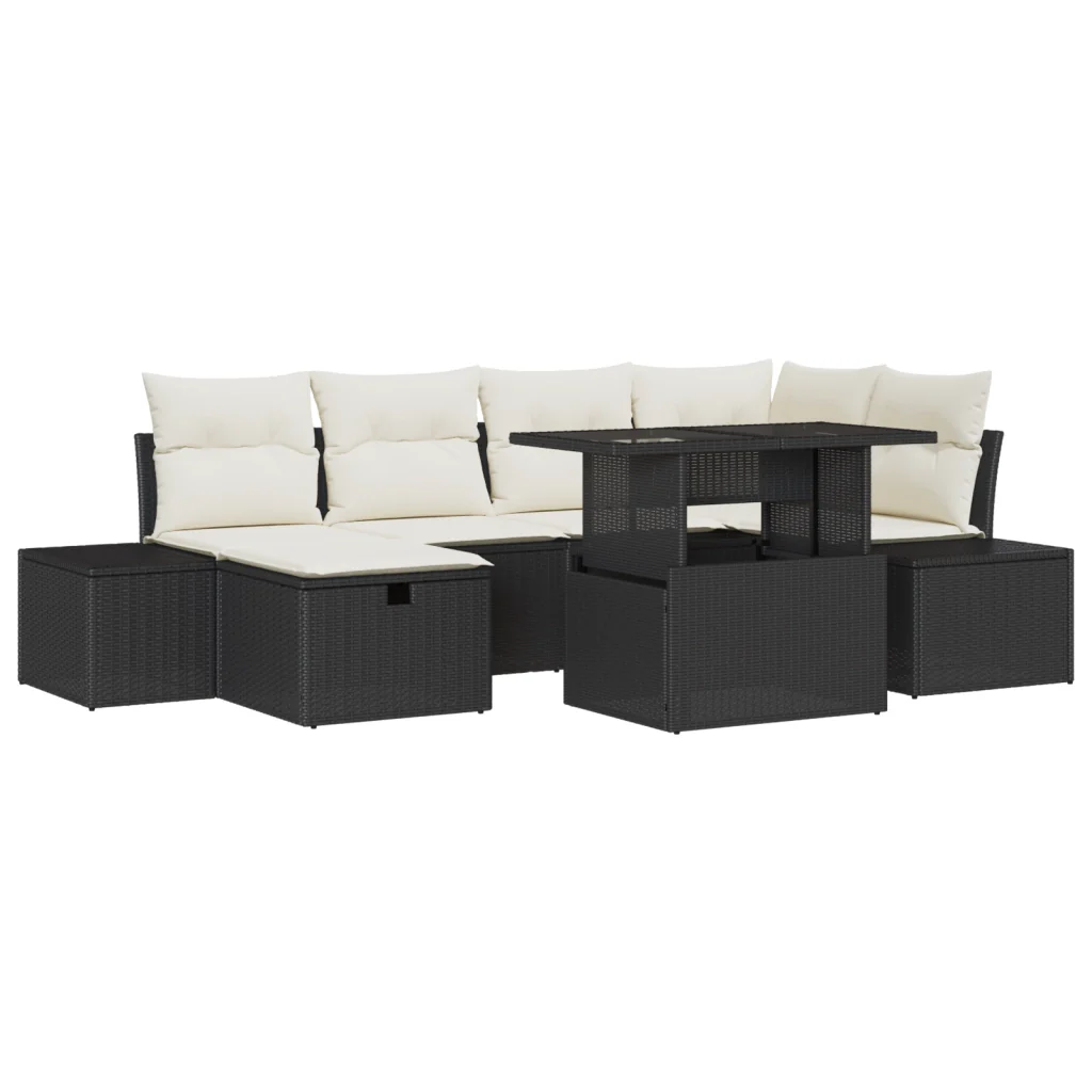 Set Divani Giardino a 7 Pezzi con Cuscini Neri in Polyrattan - Image 2
