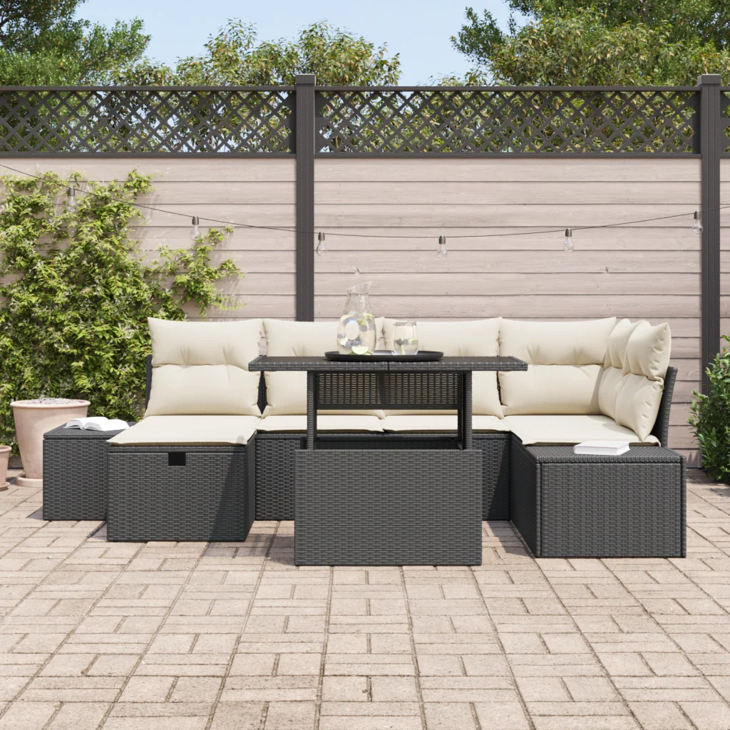 Set Divani Giardino a 7 Pezzi con Cuscini Neri in Polyrattan - Image 3