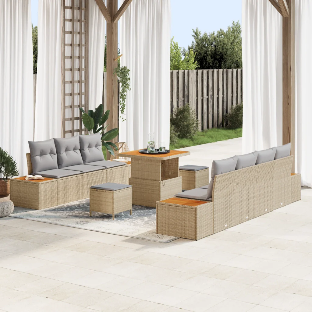 Set Divano da Giardino  10 Pezzi con Cuscini Beige Rattan Polietilene Acacia