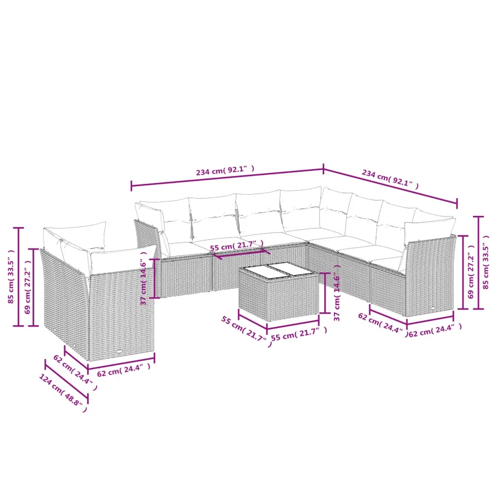 Set Divano da Giardino 10 pz con Cuscini Grigio in Polyrattan 3217850 - Image 3