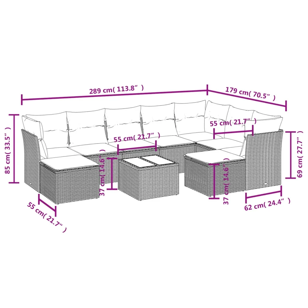 Set Divano da Giardino 10 pz con Cuscini Grigio in Polyrattan 3218580 - Image 3