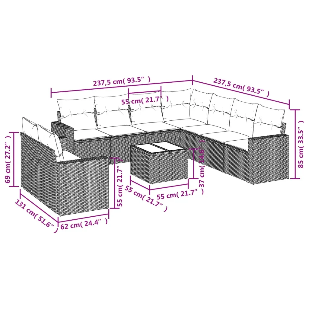 Set Divano da Giardino 10 pz con Cuscini Grigio in Polyrattan 3219150 - Image 3