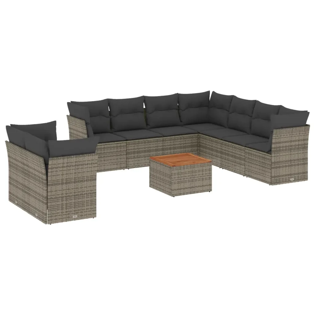 Set Divano da Giardino 10 pz con Cuscini Grigio in Polyrattan 3223715 - Image 2