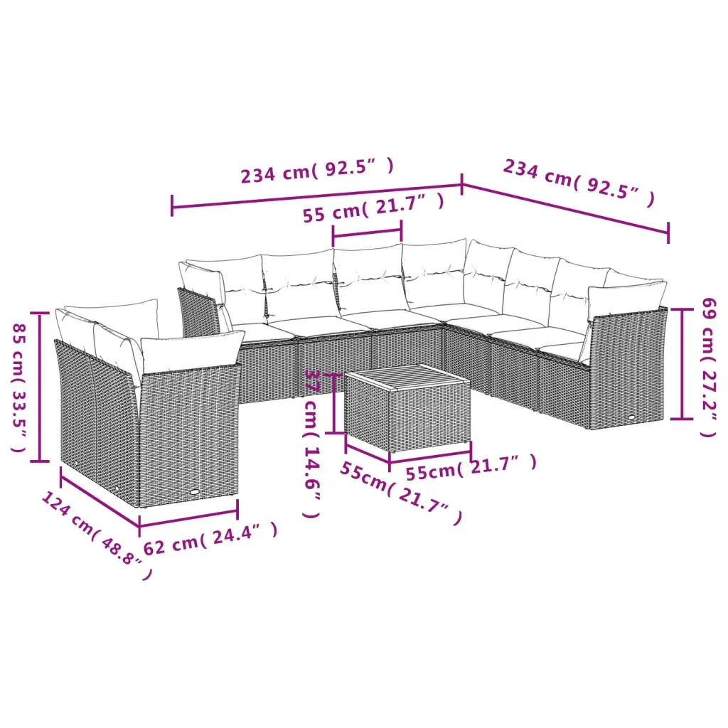 Set Divano da Giardino 10 pz con Cuscini Grigio in Polyrattan 3223715 - Image 3