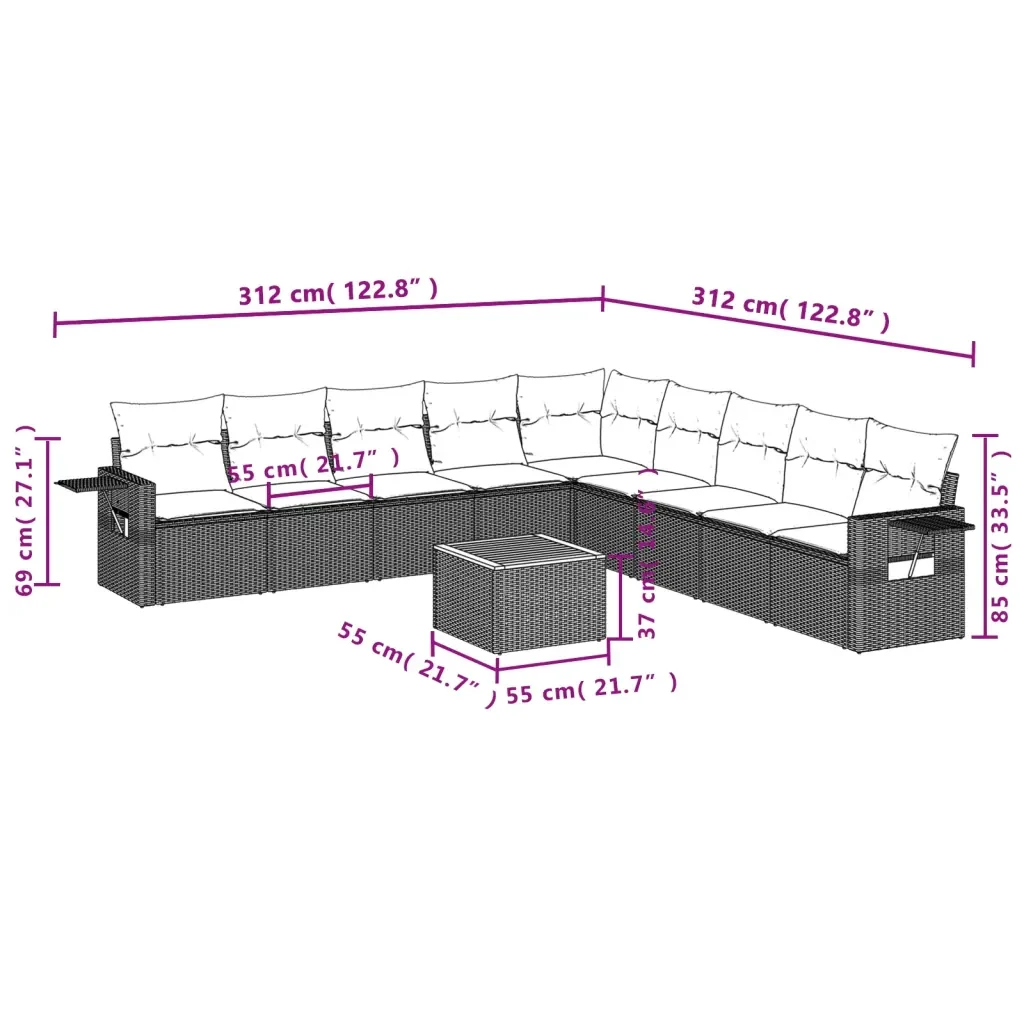 Set Divano da Giardino 10 pz con Cuscini Grigio in Polyrattan 3224611 - Image 9