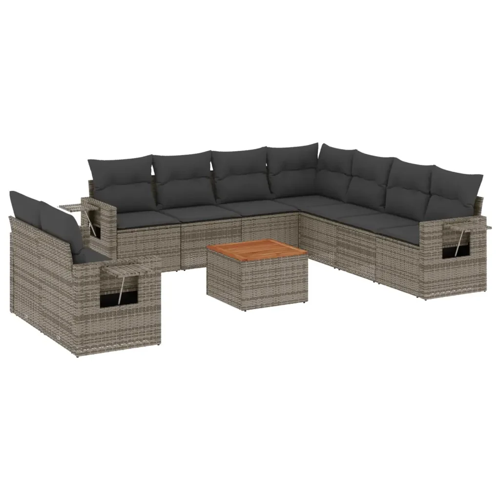 Set Divano da Giardino 10 pz con Cuscini Grigio in Polyrattan 3224632 - Image 2