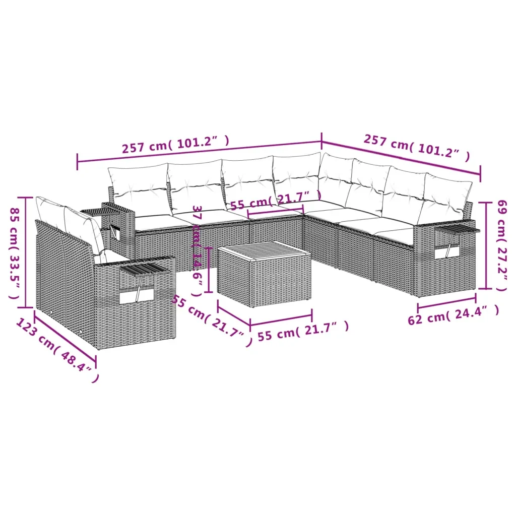 Set Divano da Giardino 10 pz con Cuscini Grigio in Polyrattan 3224632 - Image 9