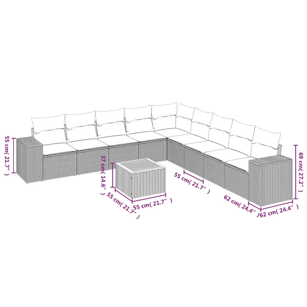 Set Divano da Giardino 10 pz con Cuscini Grigio in Polyrattan 3225493 - Image 3