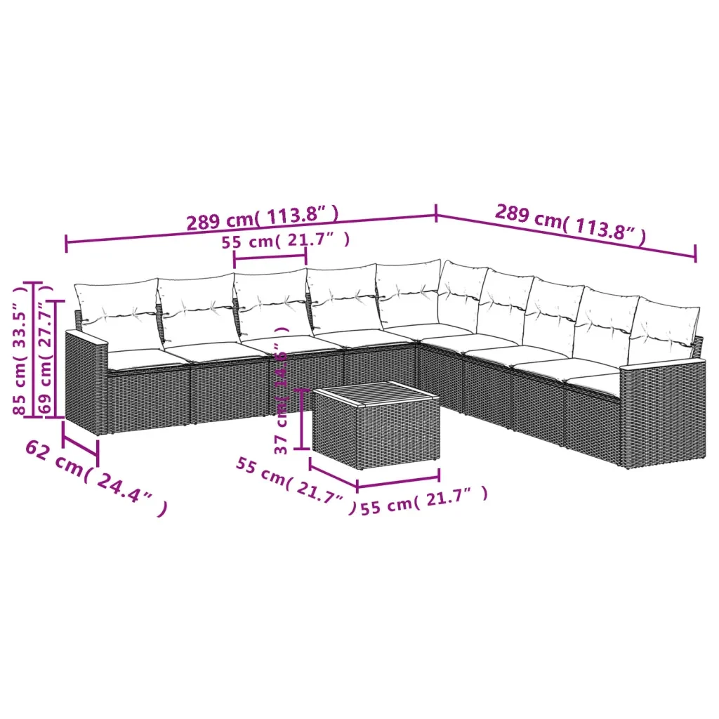 Set Divano da Giardino 10 pz con Cuscini Grigio in Polyrattan 3226067 - Image 8