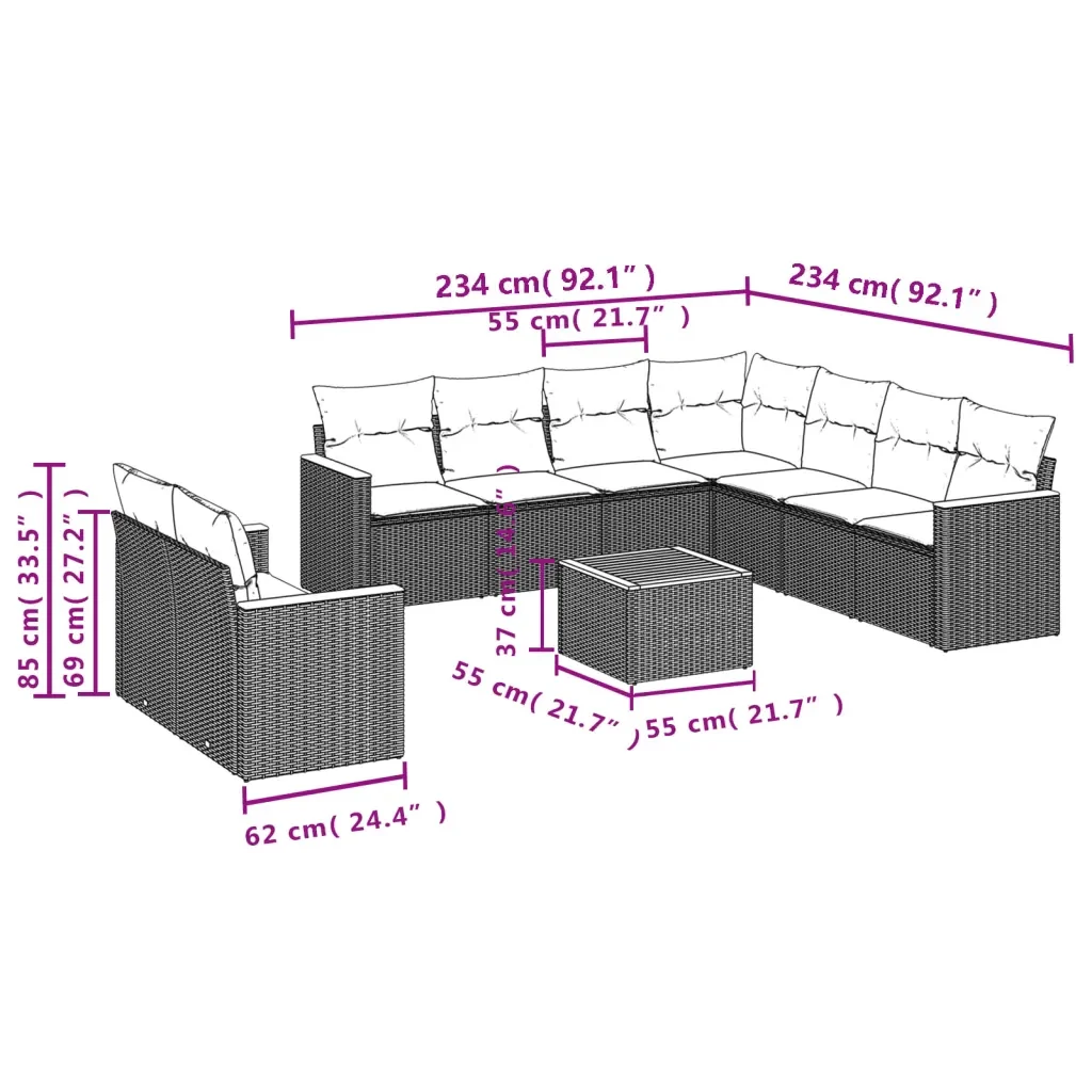 Set Divano da Giardino 10 pz con Cuscini Grigio in Polyrattan 3226109 - Image 8