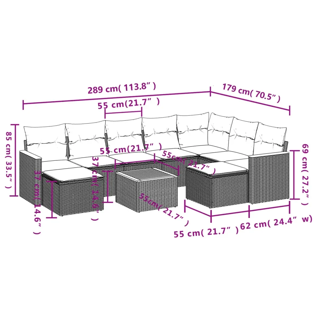 Set Divano da Giardino 10 pz con Cuscini Grigio in Polyrattan 3226550 - Image 9