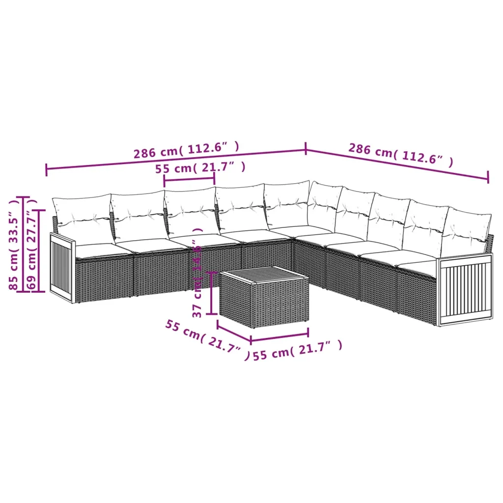 Set Divano da Giardino 10 pz con Cuscini Grigio in Polyrattan 3227747 - Image 8