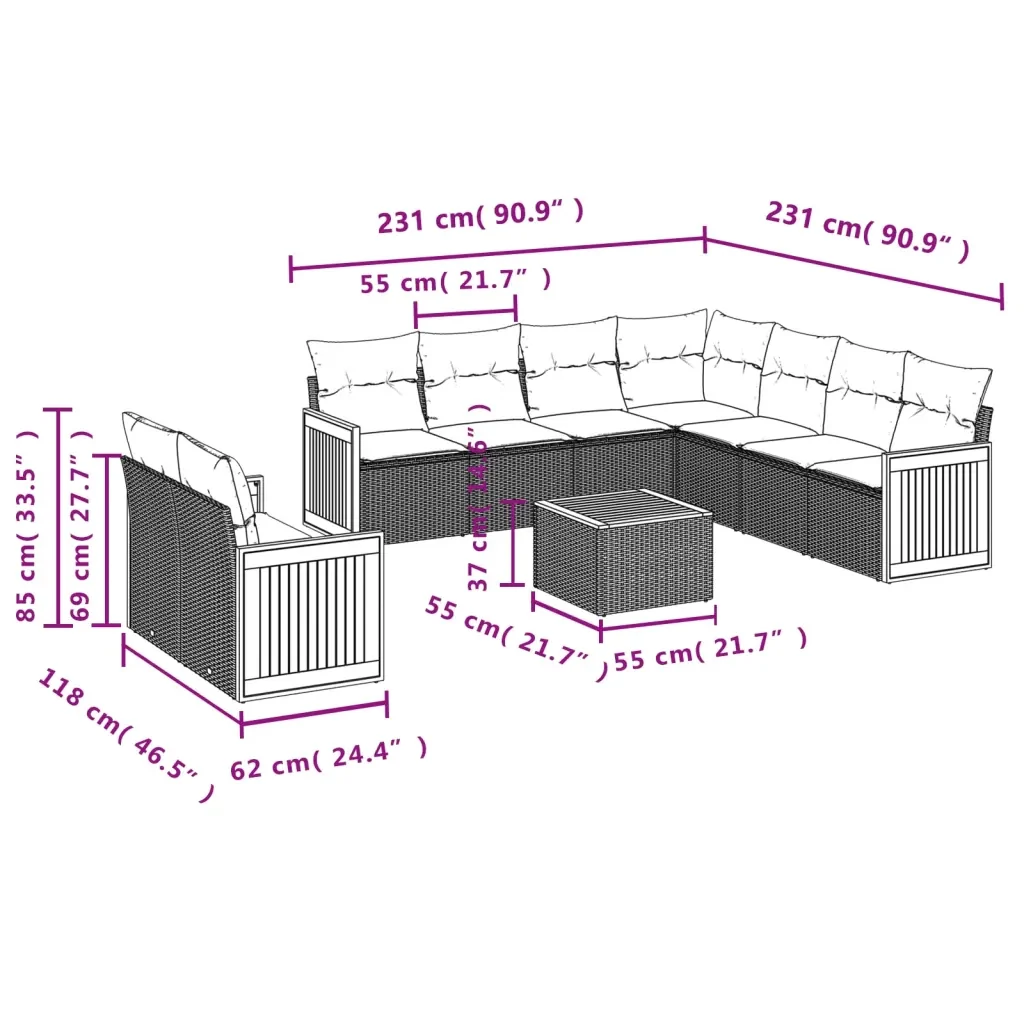 Set Divano da Giardino 10 pz con Cuscini Grigio in Polyrattan 3227789 - Image 8