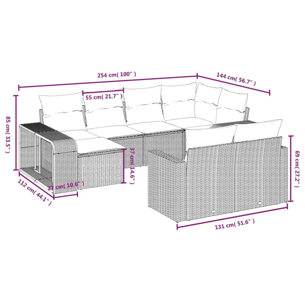 Set Divano da Giardino 10 pz con Cuscini Grigio in Polyrattan 3228900 - Image 9