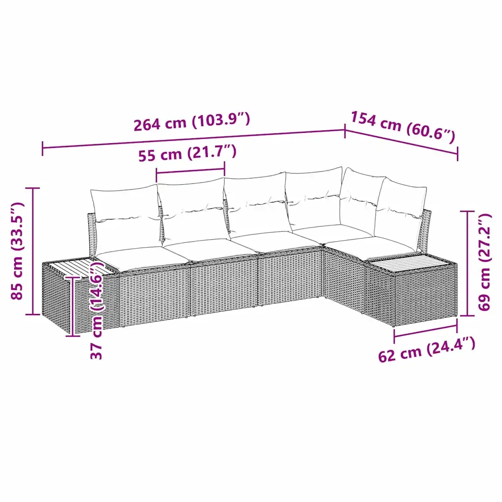 Set Divano da Giardino con cuscino 5 pcs Grigio Poly Rattan 3348085 - Image 8