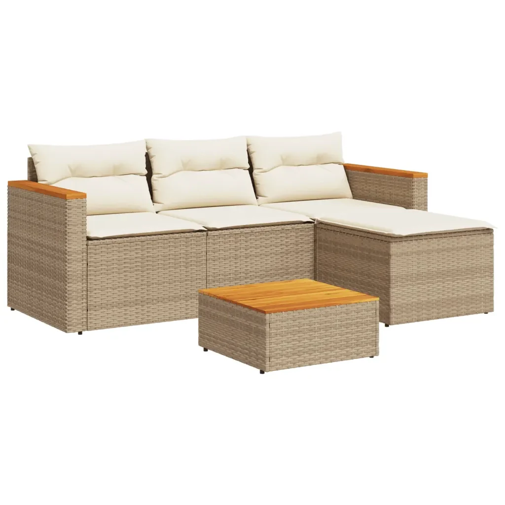 Set Divano da Giardino 5 pz con Cuscini Beige Polyrattan Acacia - Image 3