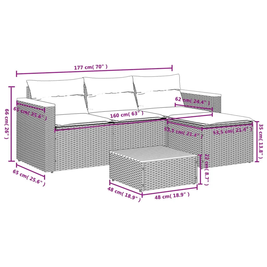 Set Divano da Giardino 5 pz con Cuscini Beige Polyrattan Acacia - Image 8
