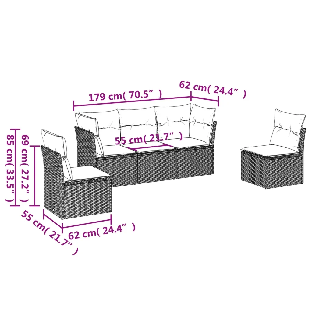 Set Divano da Giardino 5 pz con Cuscini Grigio in Polyrattan 3217350 - Image 3