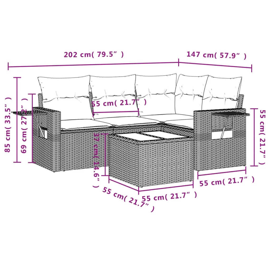 Set Divano da Giardino 5 pz con Cuscini Grigio in Polyrattan 3220119 - Image 9