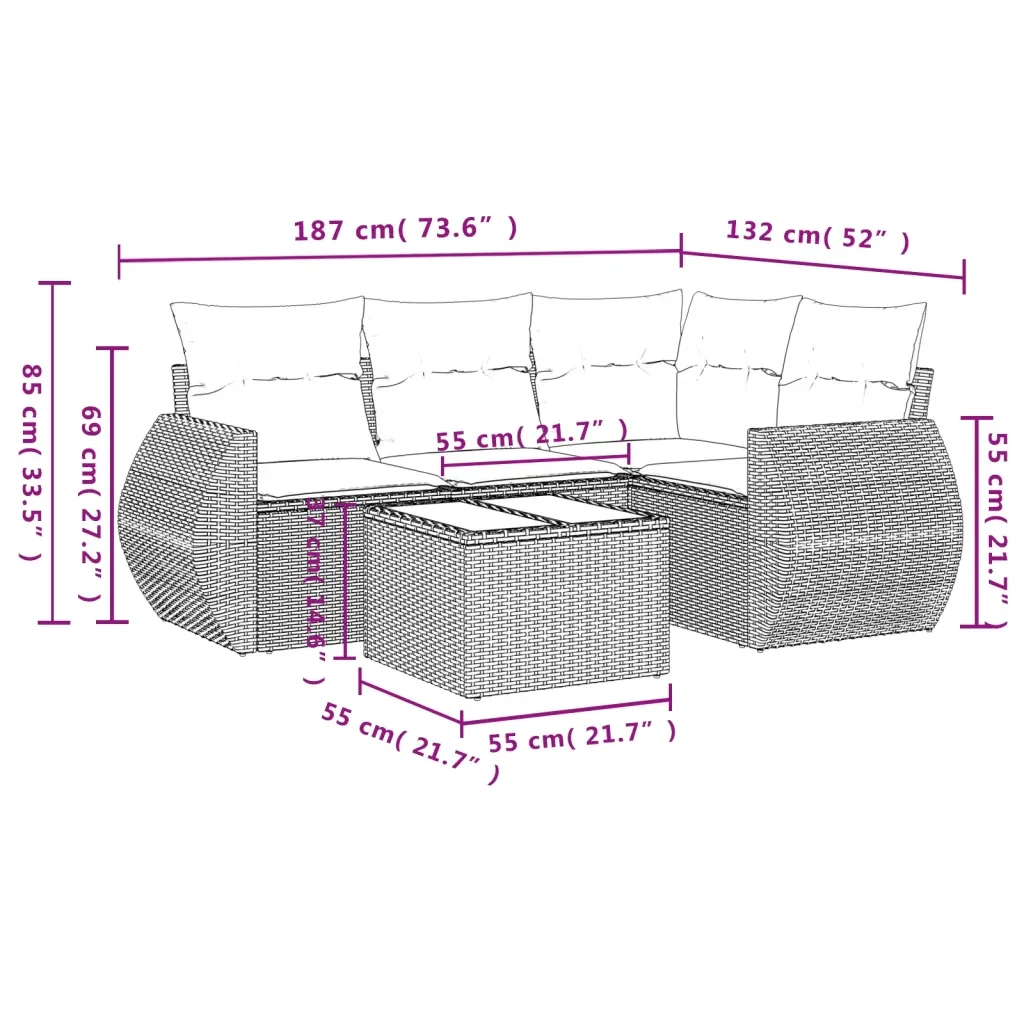 Set Divano da Giardino 5 pz con Cuscini Grigio in Polyrattan 3221319 - Image 8