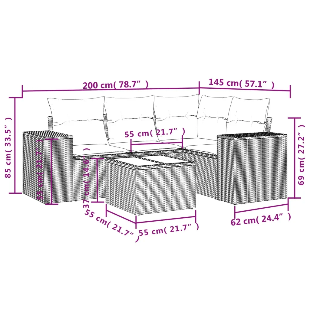 Set Divano da Giardino 5 pz con Cuscini Grigio in Polyrattan 3222519 - Image 8