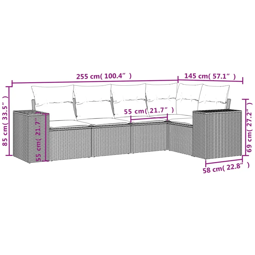Set Divano da Giardino 5 pz con Cuscini Grigio in Polyrattan 3222529 - Image 7