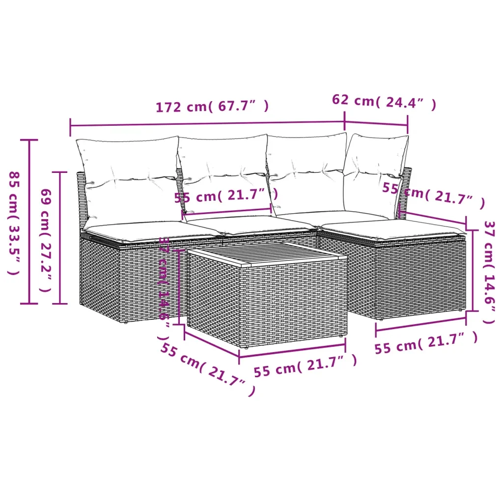 Set Divano da Giardino 5 pz con Cuscini Grigio in Polyrattan 3223596 - Image 3