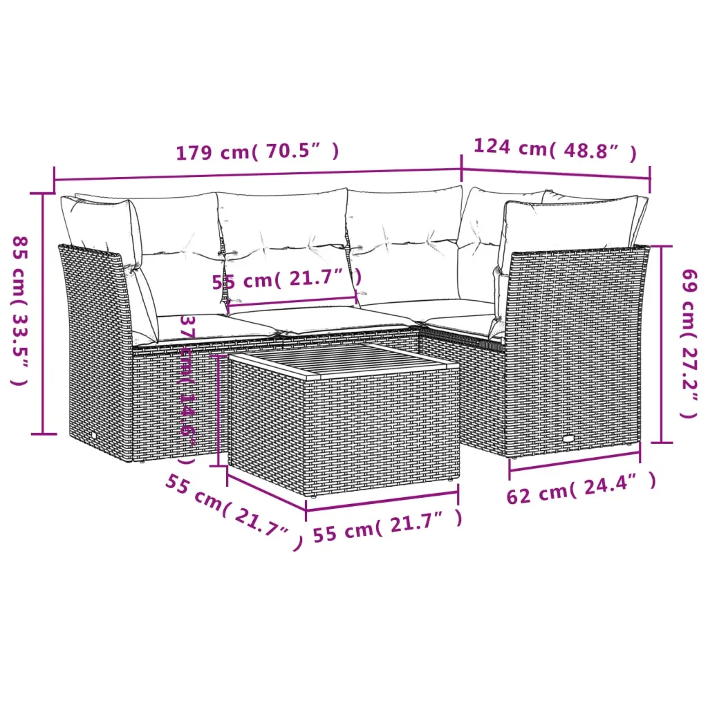 Set Divano da Giardino 5 pz con Cuscini Grigio in Polyrattan 3223624 - Image 3