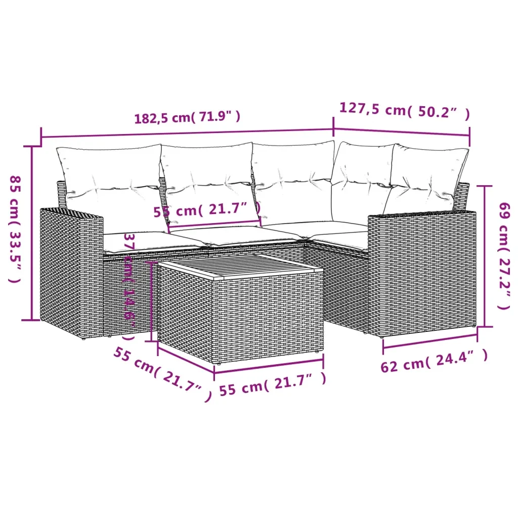 Set Divano da Giardino 5 pz con Cuscini Grigio in Polyrattan 3224107 - Image 3