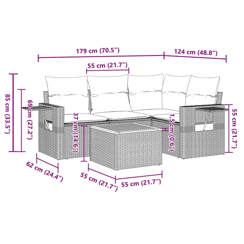Set Divano da Giardino 5 pz con Cuscini Grigio in Polyrattan 3224548 - Image 9