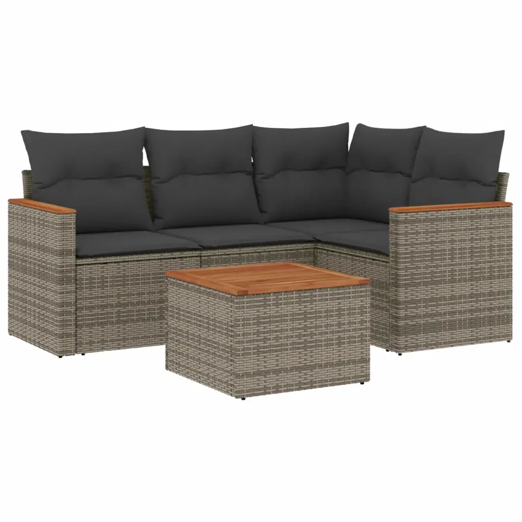 Set Divano da Giardino 5 pz con Cuscini Grigio in Polyrattan 3225941 - Image 2