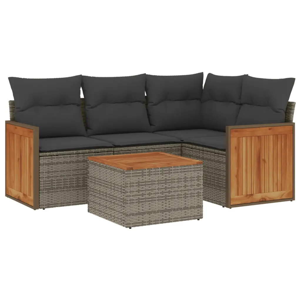 Set Divano da Giardino 5 pz con Cuscini Grigio in Polyrattan 3227621 - Image 2