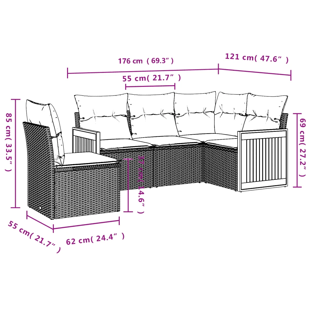 Set Divano da Giardino 5 pz con Cuscini Grigio in Polyrattan 3227656 - Image 7