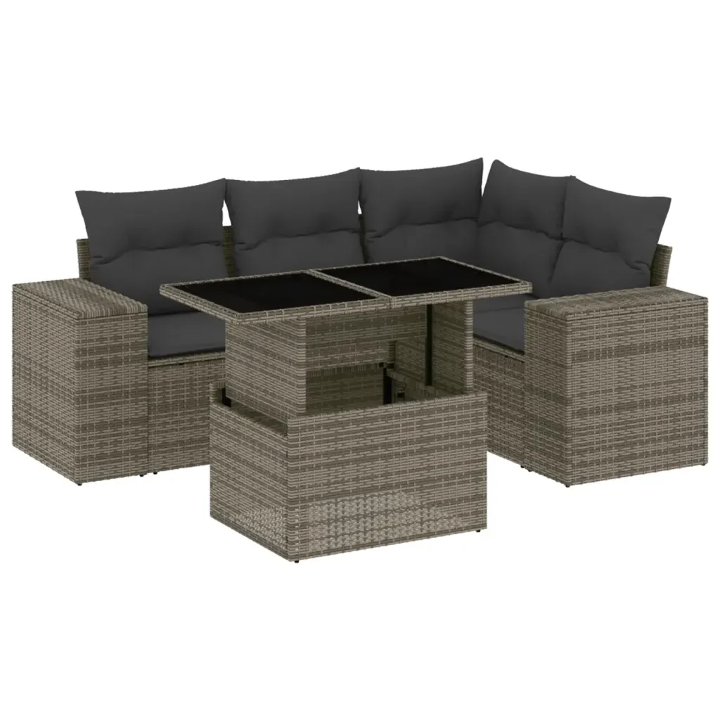 Set Divano da Giardino 5 pz con Cuscini Grigio in Polyrattan 3269140 - Image 2