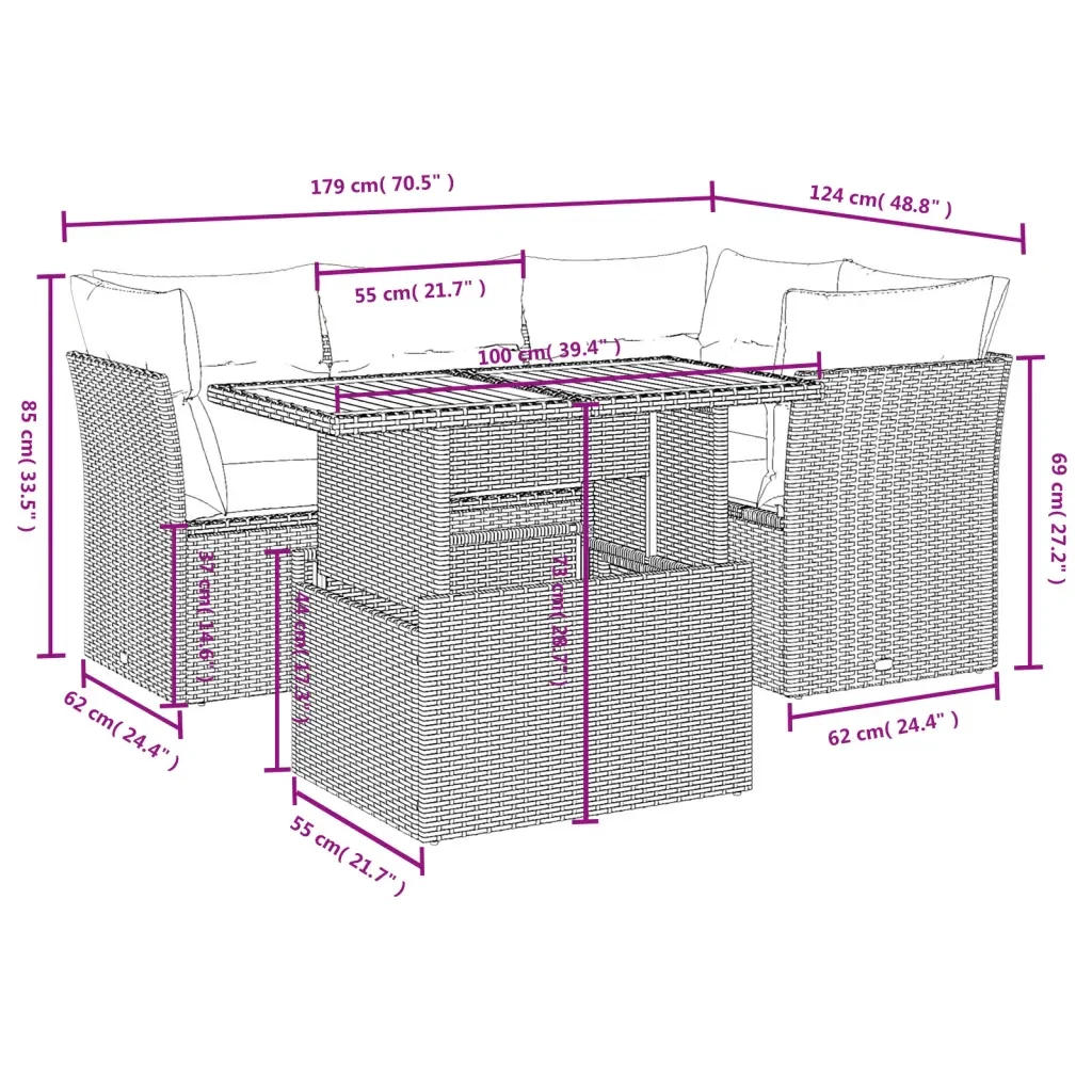 Set Divano da Giardino 5 pz con Cuscini Grigio in Polyrattan 3270815 - Image 3