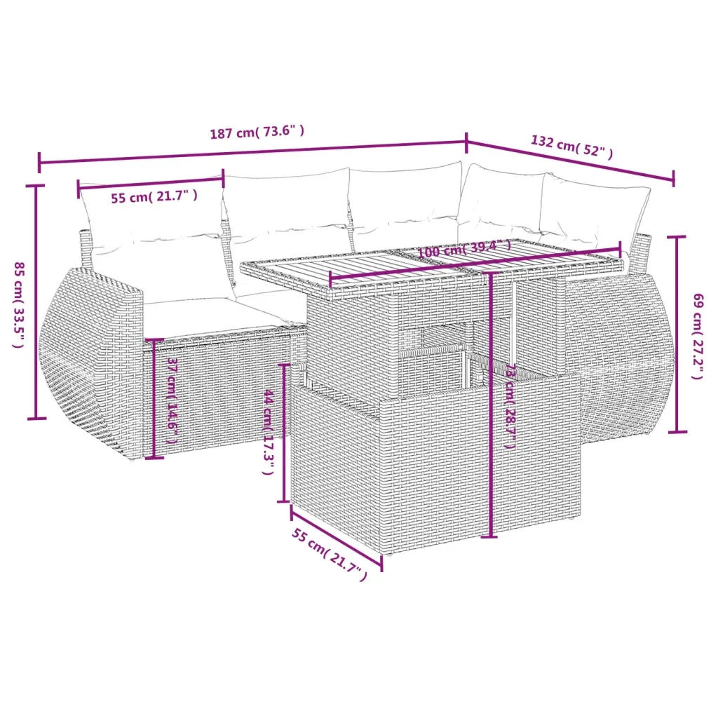 Set Divano da Giardino 5 pz con Cuscini Grigio in Polyrattan 3272180 - Image 3