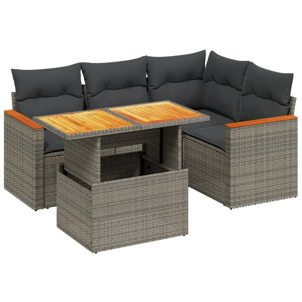 Set Divano da Giardino 5 pz con Cuscini Grigio in Polyrattan 3273062 - Image 2