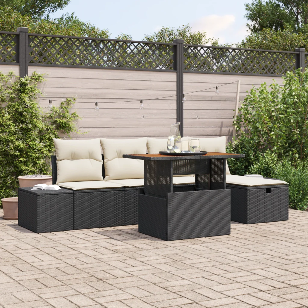 Set Divano da Giardino 6 Pezzi con Cuscini Neri Polyrattan