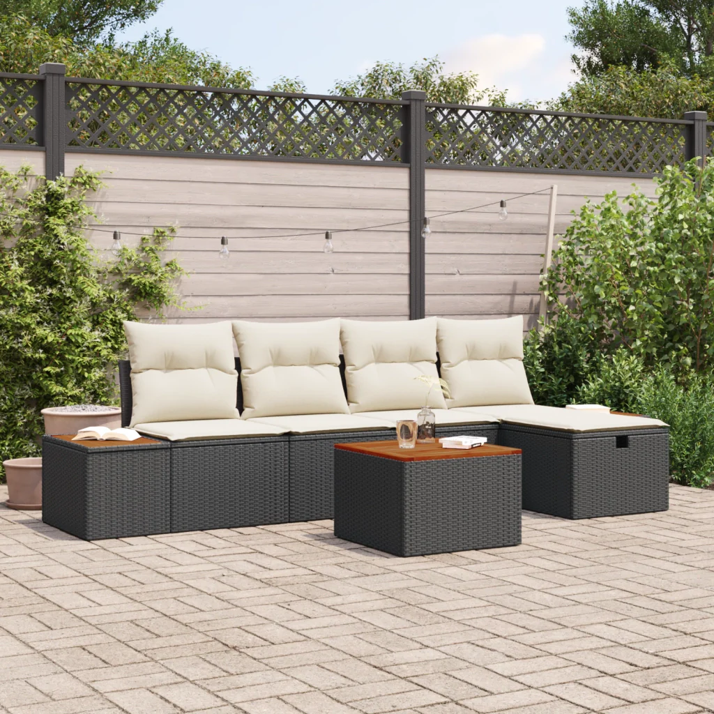 Set Divano da Giardino 6 Pezzi con Cuscini Nero Polyrattan