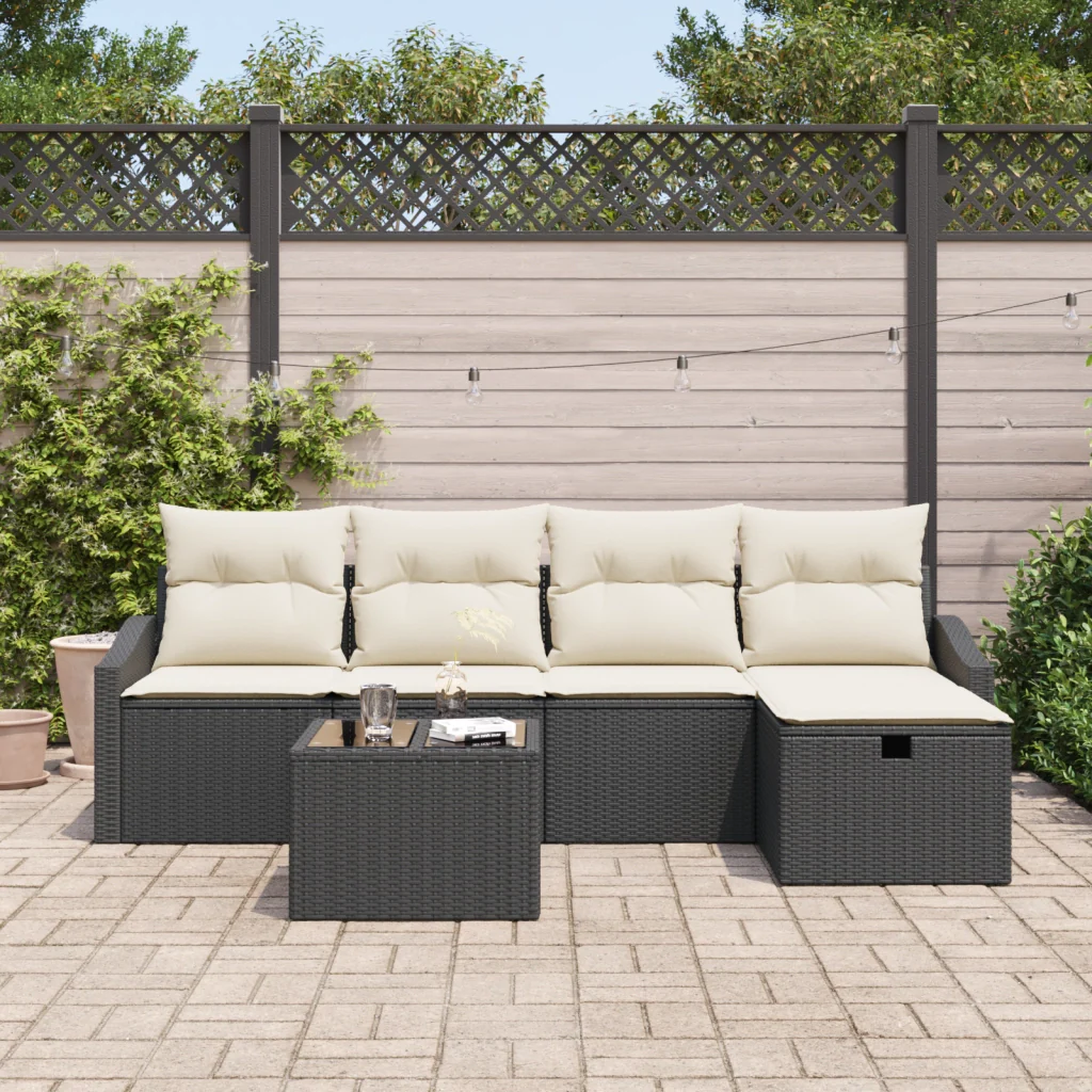 Set Divano da Giardino 6 Pezzi con Cuscini Nero Polyrattan - Image 3