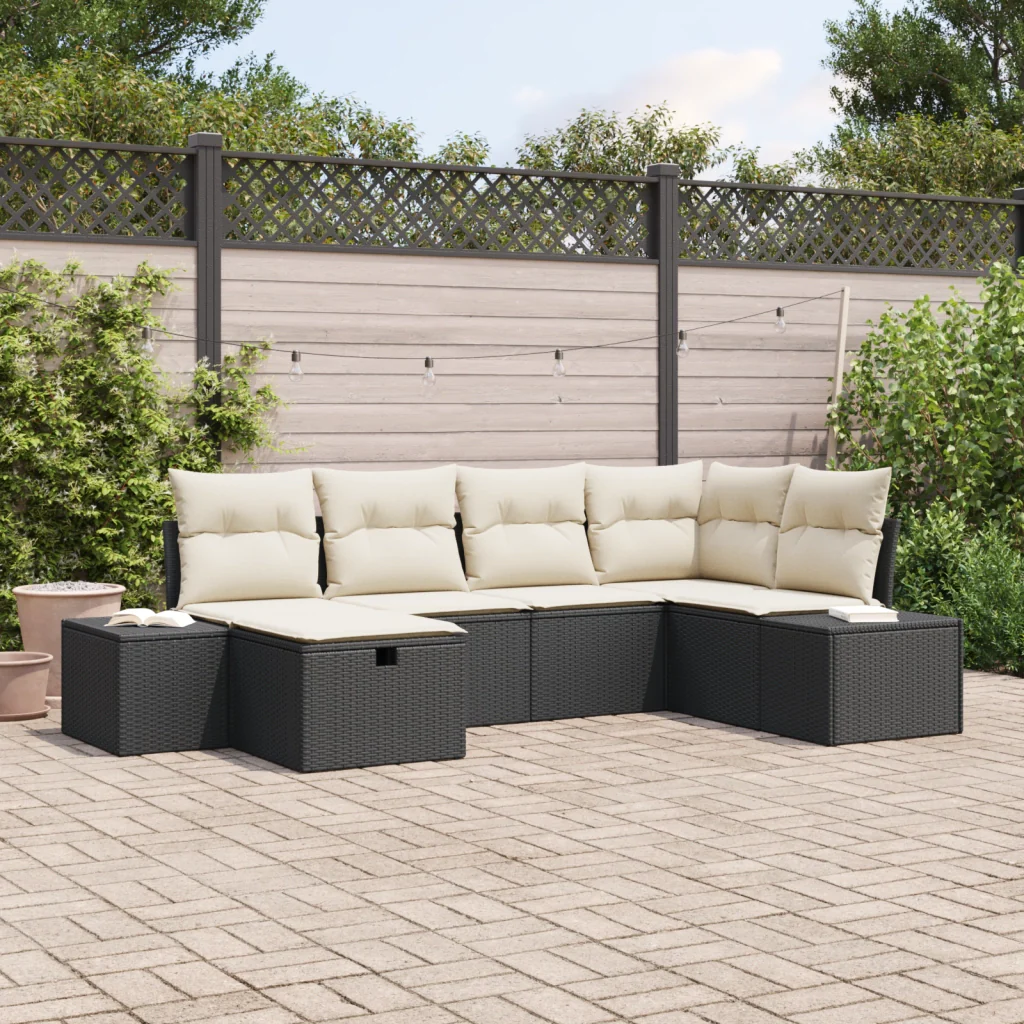 Set Divano da Giardino 6 Pezzi con Cuscini Nero Polyrattan