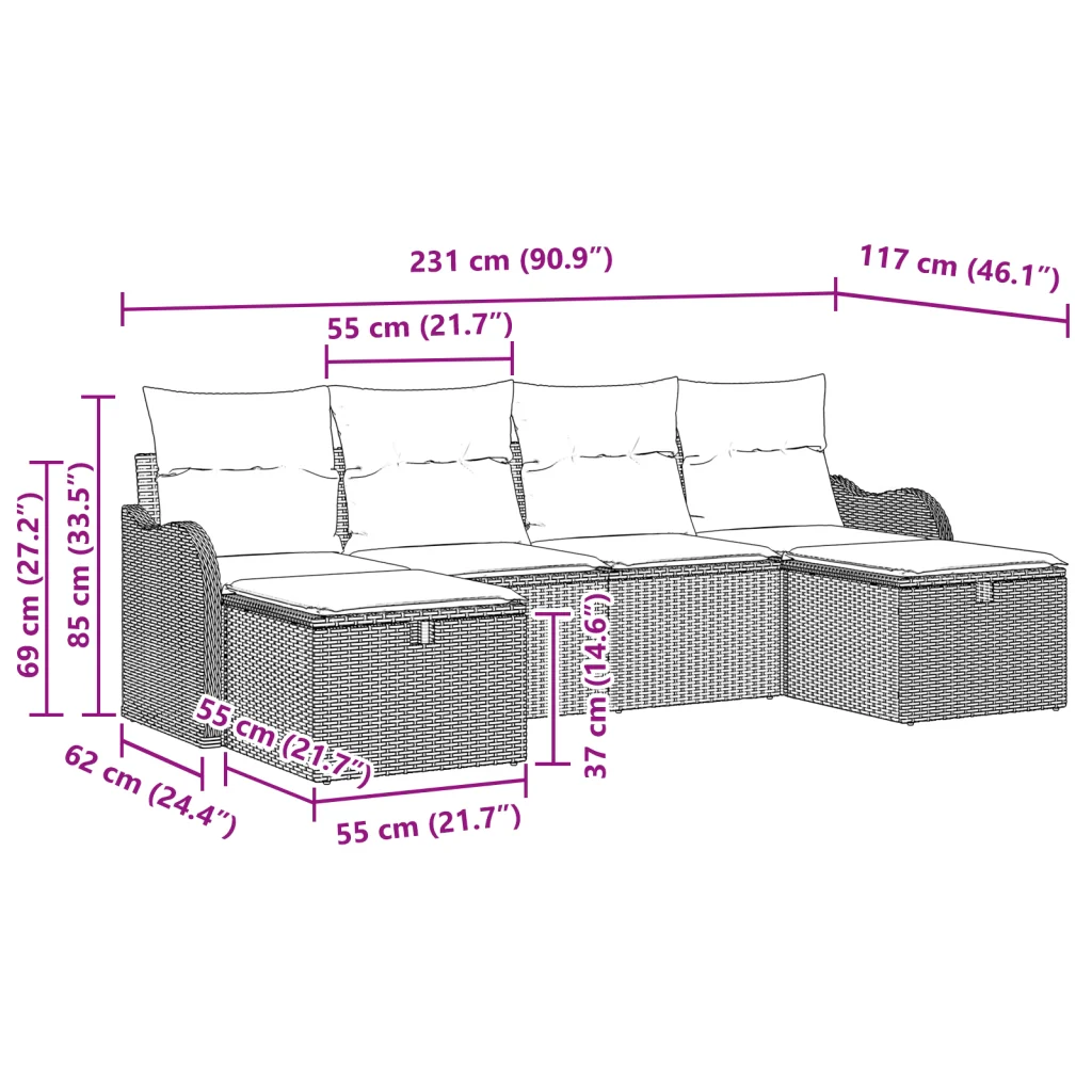 Set Divano da Giardino 6 Pezzi con Cuscini Rattan Nero - Image 9