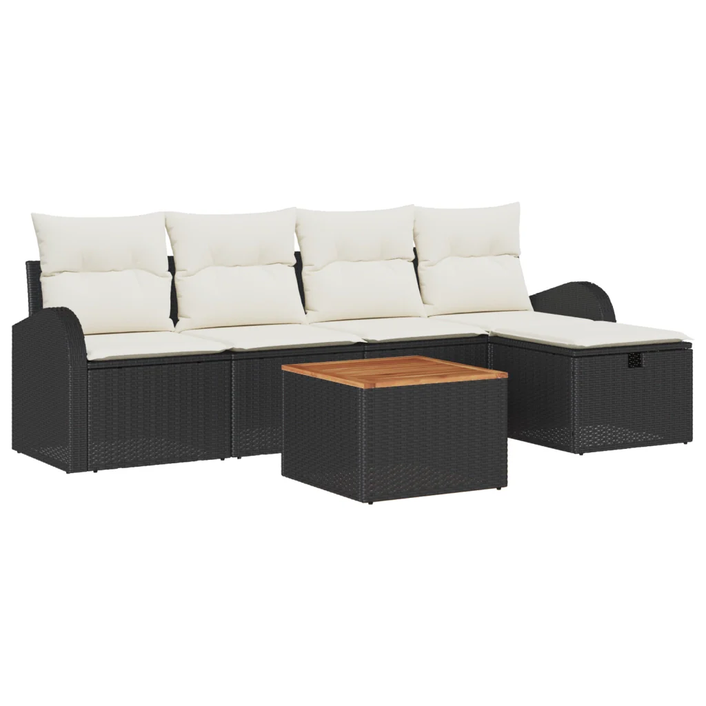 Set Divano da Giardino 6 Pezzi con Cuscini Rattan Nero Polyrattan - Image 2