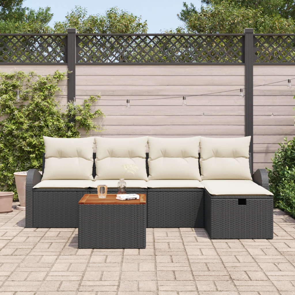 Set Divano da Giardino 6 Pezzi con Cuscini Rattan Nero Polyrattan - Image 3