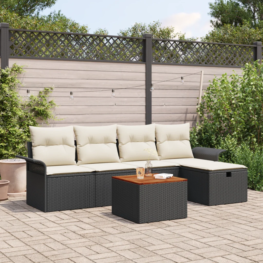 Set Divano da Giardino 6 Pezzi con Cuscini Rattan Polyrattan Nero
