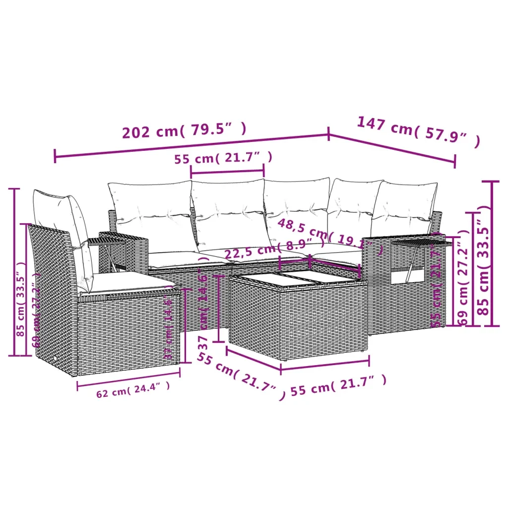 Set Divano da Giardino 6 pz con Cuscini Grigio in Polyrattan 3220179 - Image 9