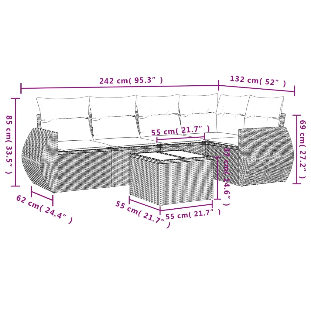 Set Divano da Giardino 6 pz con Cuscini Grigio in Polyrattan 3221339 - Image 8