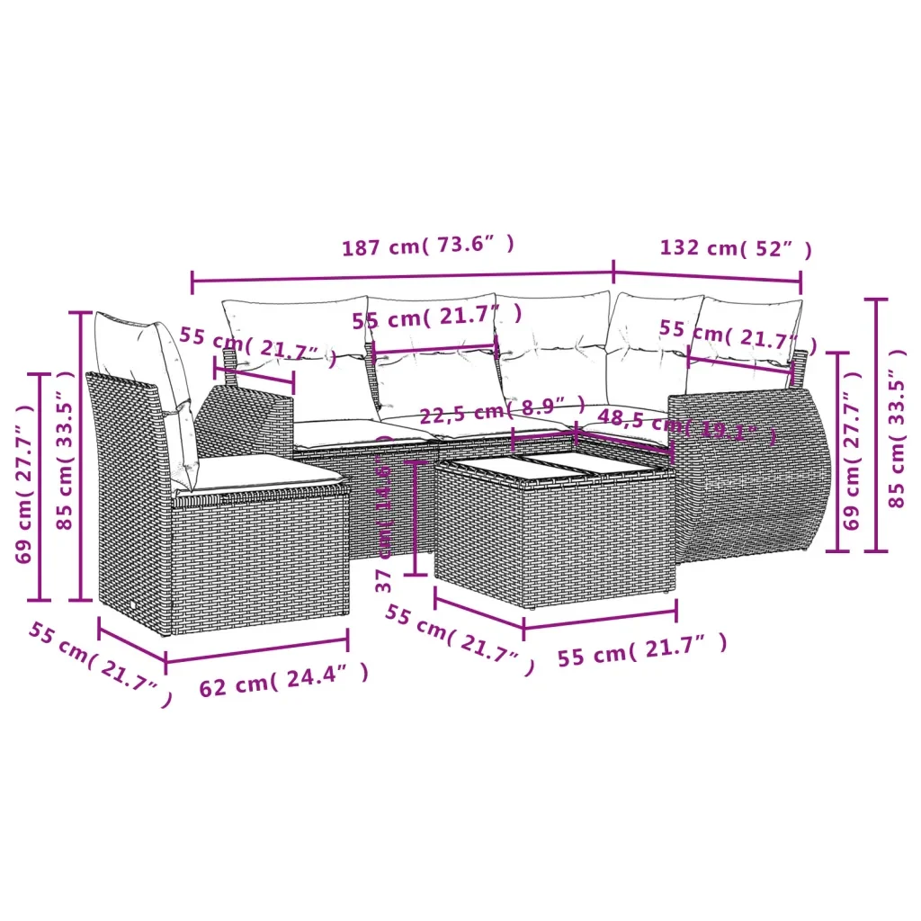 Set Divano da Giardino 6 pz con Cuscini Grigio in Polyrattan 3221379 - Image 8