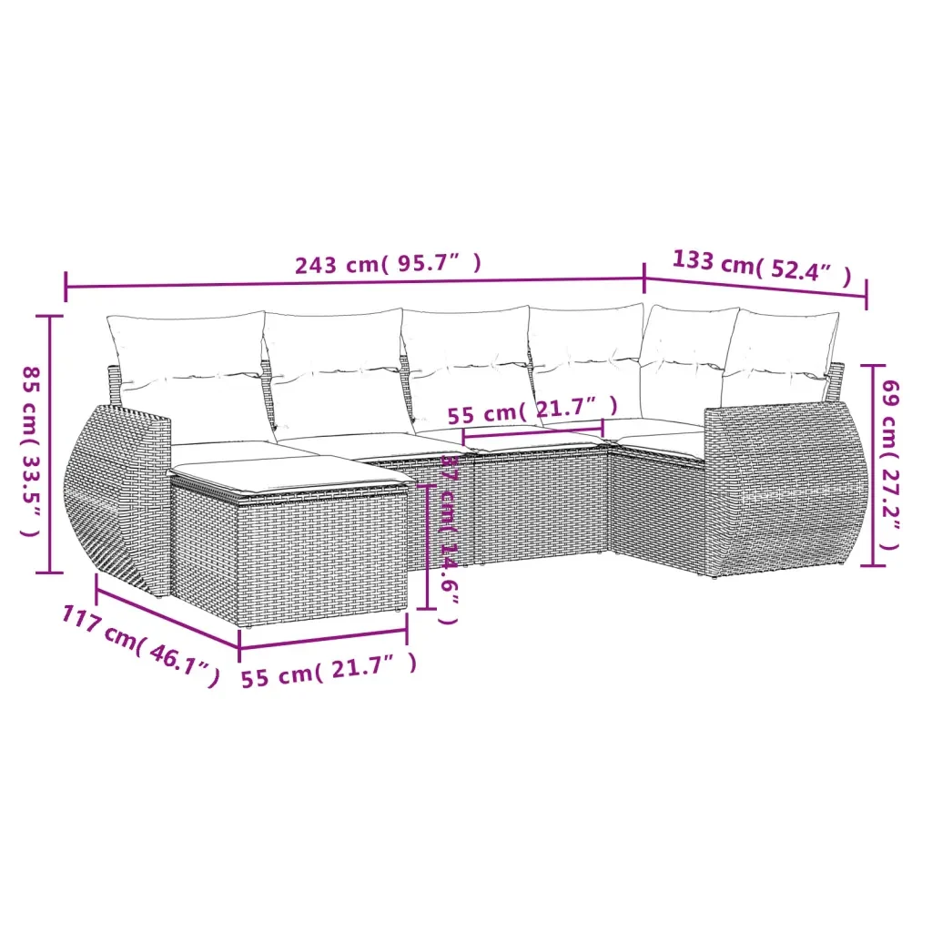 Set Divano da Giardino 6 pz con Cuscini Grigio in Polyrattan 3221659 - Image 8