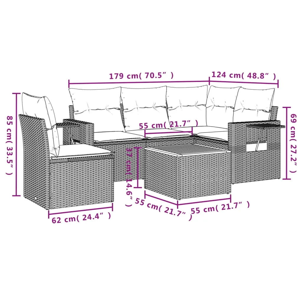 Set Divano da Giardino 6 pz con Cuscini Grigio in Polyrattan 3224569 - Image 8